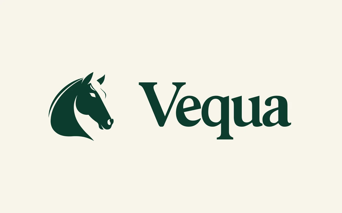 Vequa horse symbol and serif wordmark in evergreen on an ivory background.
